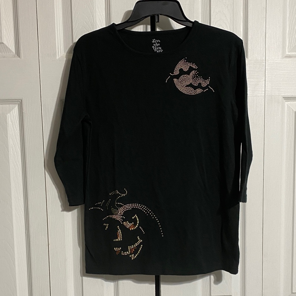 Live who you are cotton knit Rhinestone pumpkin & bat tee shirt top size LARGE